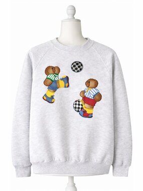 Vtg 80s Jerzees Teddy Bear Soccer Sweatshirt L Gray Made in USA Graphic Appliqué